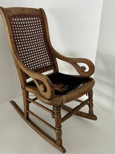 Rare Vintage Childs Size Wood Caned Rocking Chair With Floral Seat