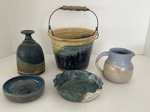 Studio Pottery Mixed Lot of 5 Vases, Pitcher, Bowl & Baskets most signed