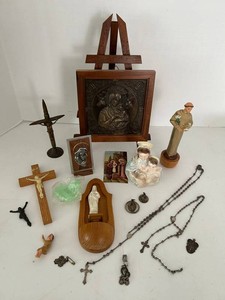 Catholic Religious Crucifixes, Rosaries & Figurines Mixed Lot including a sterling silver charm & Alpalca Silver Rosaries