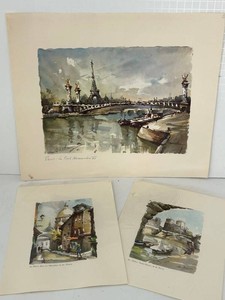 Signed Paris Watercolor Print Group by Delaux&nbsp