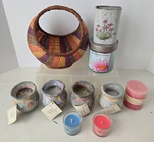 Mixed Lot Woven Basket, Counterpoint Vase & Assorted Candles