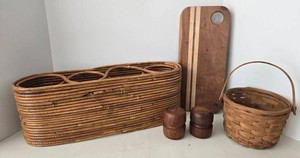 Mixed Lot Longaberger Basket, Rattan Wine Rack, Wood Board & Shakers