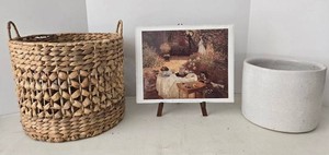 Mixed Lot Monet Print, Woven Basket & Stoneware Crock