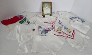Vintage Hankie Assortment - Novelty, Irish, Floral & Lace Handkerchiefs With Box