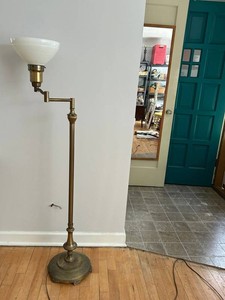 Vintage Heavy Brass Floor Lamp With Milk Glass Shade