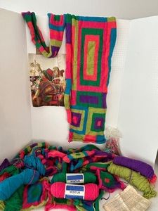Vintage 60s Half Done Knitted Afghan In Colorful Wintuk Yarn & Knitted Afghan Pieces Mixed Lot