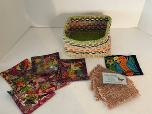 Fiber Arts Textile Patches & Woven Basket Mixed Lot- signed by the artist