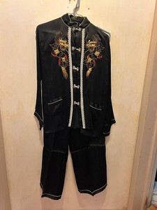 Antique Black Silk TANG Embroidered Dragon Two-Piece Silk Outfit
