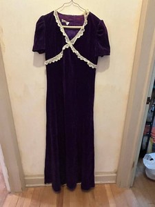 Vintage 70s Fanny California Purple Velvet Dress With Lace Trim
