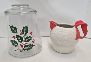 Vintage Bartlett Collins Christmas Holly Cookie Jar & Snowball Pitcher Mixed Lot
