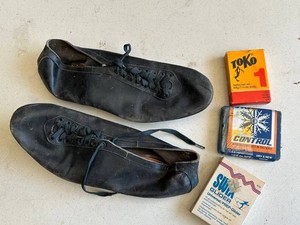 Vintage Sports Early 1920s Leather Cleated Sport Shoes & Toko, Control, Swix Ski Wax Mixed Lot