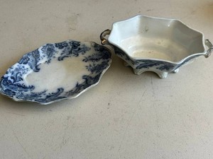 Blue Flow Transferware Small Porcelain Serving Bowl & Plate Set