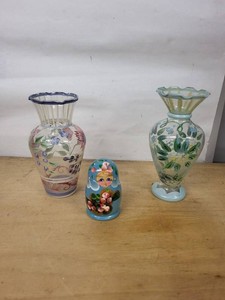 Painted Nesting Doll Set & Floral Glass Vases Mixed Lot