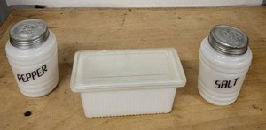 Milk Glass Salt & Pepper Shakers With Butter Dish