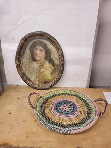 Victorian Portrait Print & Woven Basket Mixed Lot