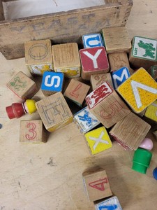 Vintage Wooden Alphabet Blocks & Peg Dolls in Crate