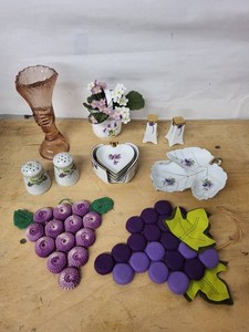 Lefton Porcelain Decor Mixed Lot With Glass Vase & Crochet Fruit