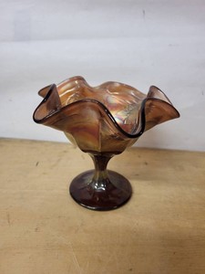 Amber Iridescent Art Glass Footed Compote Bowl