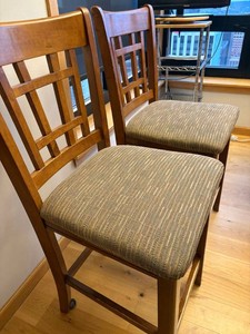 Pair of Counter Height Mission Style Upholstered Wood Bar Stools