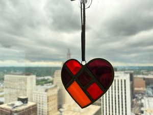 Stained Glass Heart Hanging Window Ornament w Leather Strap
