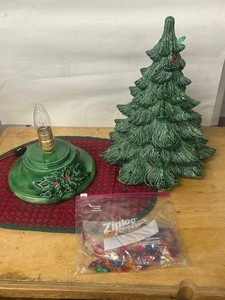 Vintage 1983 Ceramic Christmas Tree With Lights & Ornaments