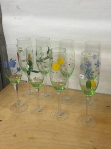 Hand-Painted Floral Champagne Flutes Glasses (Lot of 7)