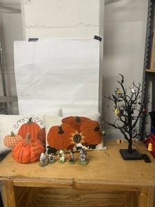Halloween Decor Mixed Lot - Pumpkin Pillows, Plush Pumpkin Decor, Figurine Set & Tree