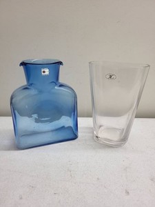 Blenko Handmade Blue Art Glass Vase & Clear Monogram Vase Pair