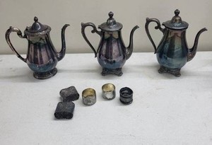 Vintage Silverplate Coffee Pots & Napkin Rings Mixed Tableware Lot