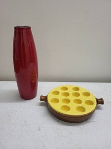 Vintage Pottery Decor Lot Red Vase & Yellow Escargot Serving Dish