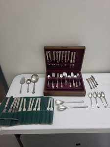 Assorted Silverplate Flatware & Serving Pieces in Wood Storage Chest