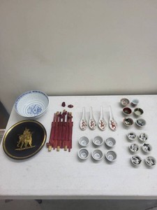 Asian Porcelain Tableware Decor Lot Bowls Cups Spoons Tray Chopsticks