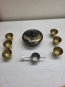 Vintage Asian Brass Sake Cups & Lidded Bowl with Pewter Measure Lot