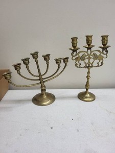 Pair of Vintage Brass Candelabra Lion Motif & Menorah Style