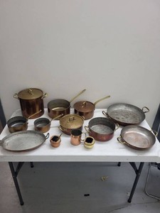 Vintage Unmarked Copper Cookware Lot Pots Pans Roaster Brass Handles