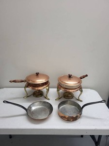 Vintage Copper & Brass Chafing Dishes with Sauce Pans Set