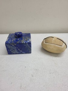 Lapis Lazuli Stone Box & Signed Studio Pottery Covered Vessel