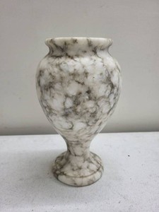 Carved Alabaster Marble Urn Form Vase White Gray Veining 7in Decor