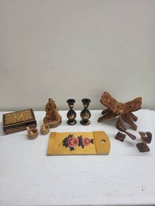 Vintage Folk Art Wood Decor Lot Carved Box Candlesticks Book Stand