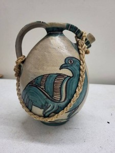 Vintage Assisi Italian Pottery Bird Motif Canteen Jug Rope Handle