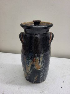 Signed Studio Pottery Lidded Stoneware Jar Vase Dark Glaze 10.5in