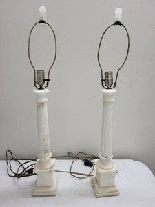 Pair of Alabaster Marble Column Table Lamps With Shades Neoclassical