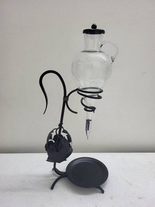 Etched Glass Olive Oil Vinegar Cruet Dispenser w Iron Stand Tray