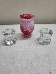 Vintage Pink Hobnail Vase with Pair of Clear Faceted Candle Holders