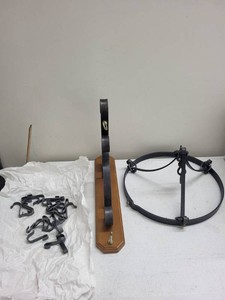 Unmarked Wrought Iron Wall Hanging Pot Plant Rack Set Wood Mount