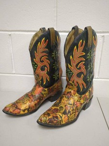 One of a Kind Custom Pop Culture Collage Cowboy Boots Black Flame Size 8.5 C