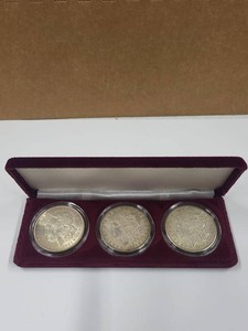 Set of 3 1921 Morgan Silver Dollars in Burgundy Display Case