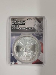 2021 ANACS MS70 Silver Eagle Type 2 First Strike $1 Coin Slab