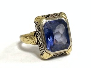 Art Deco 14K Two-Tone Gold Filigree Blue Sapphire Statement Ring Size 6