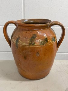 Vintage Redware Pottery Double Handled Vase Slip Decorated Jar